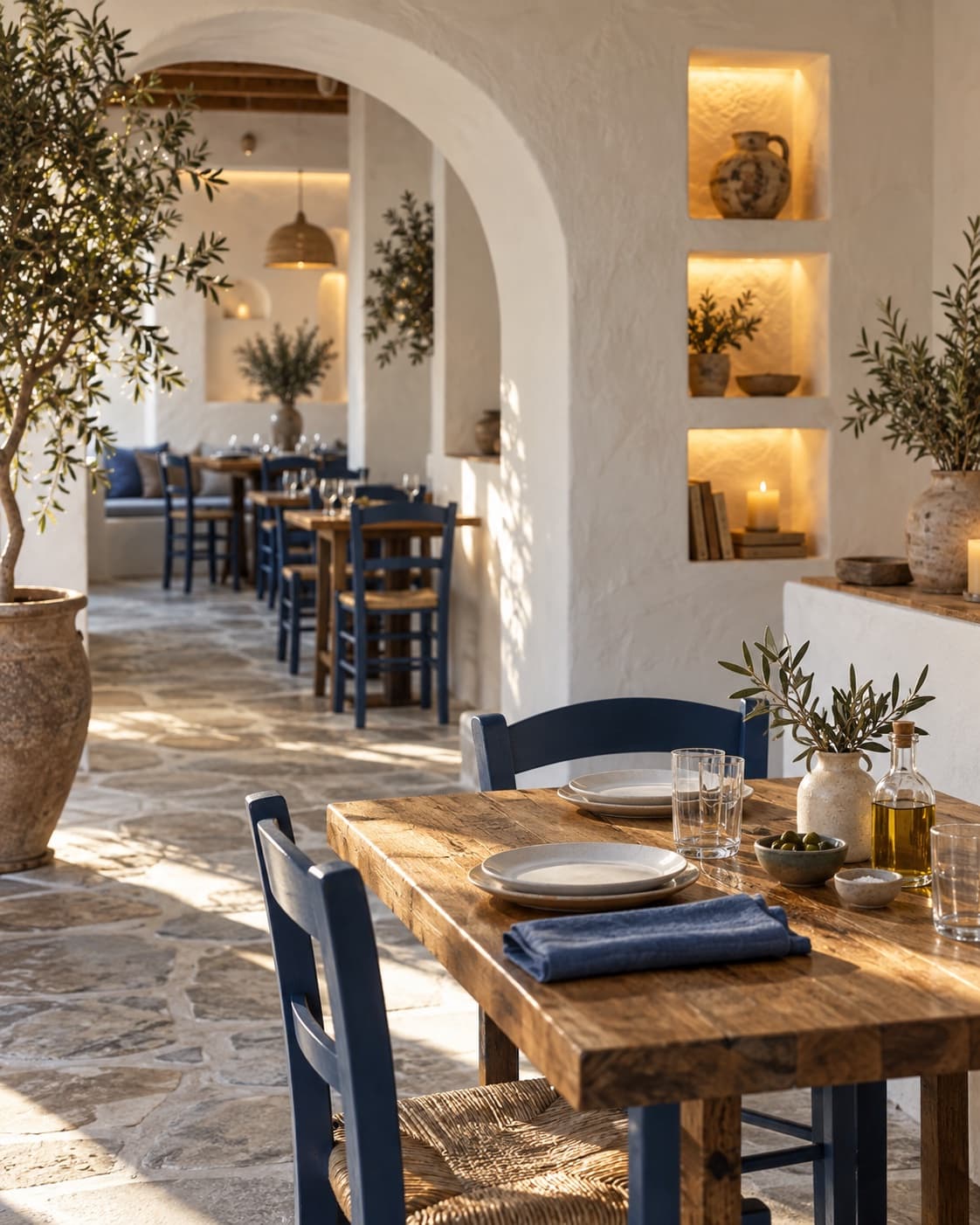 Concept visivo di una sala mediterranea con tavoli in legno e sedie blu