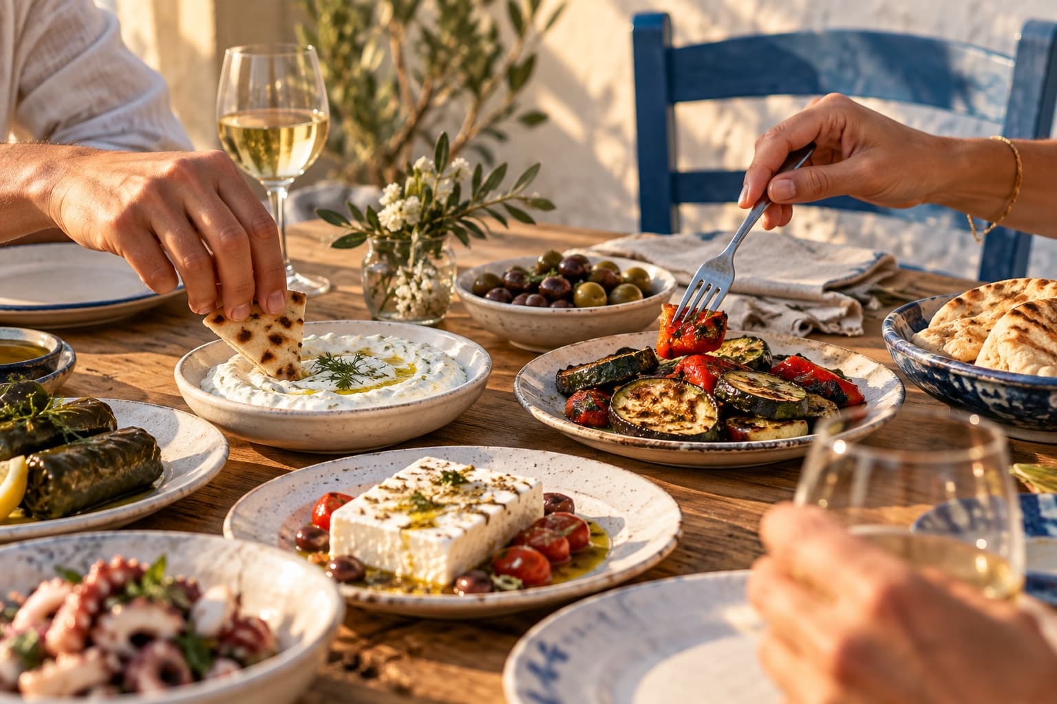 Immagine illustrativa di una tavola con meze greci da condividere